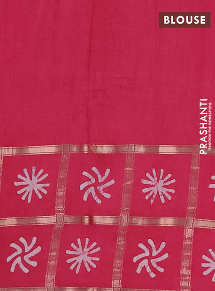 Semi chanderi saree pink and off white with batik prints and batik prints & zari checked border