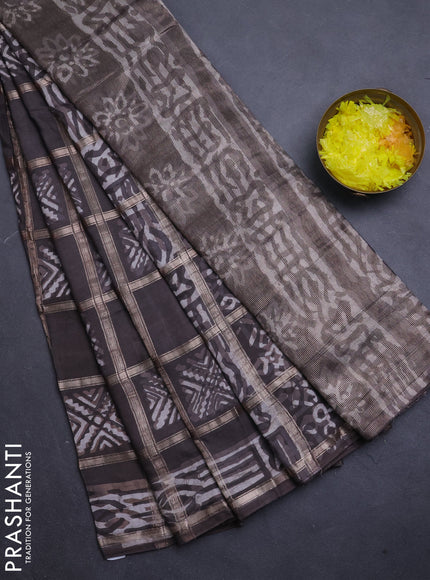 Semi chanderi saree dark beige with allover zari checks & batik prints in borderless style
