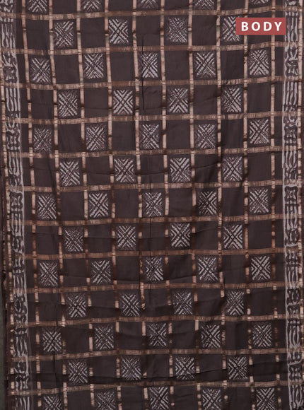 Semi chanderi saree dark beige with allover zari checks & batik prints in borderless style