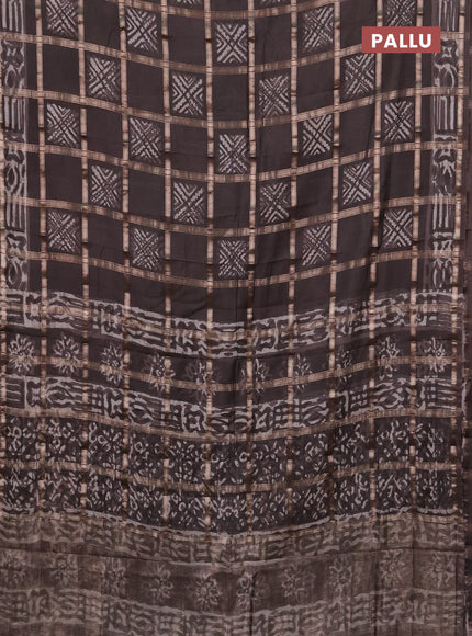 Semi chanderi saree dark beige with allover zari checks & batik prints in borderless style