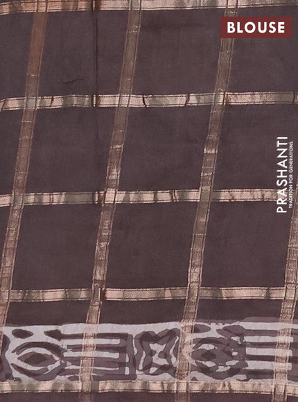 Semi chanderi saree dark beige with allover zari checks & batik prints in borderless style