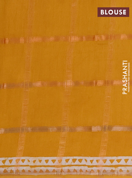 Semi chanderi saree mustard yellow with allover zari checks & batik prints in borderless style