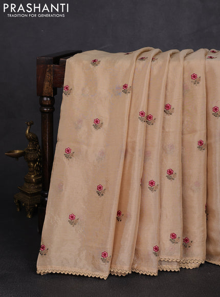 Chiffon saree sandal with allover floral embroidery buttas and lace work border
