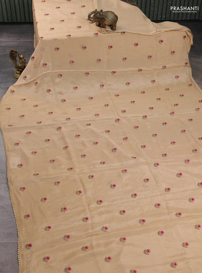 Chiffon saree sandal with allover floral embroidery buttas and lace work border