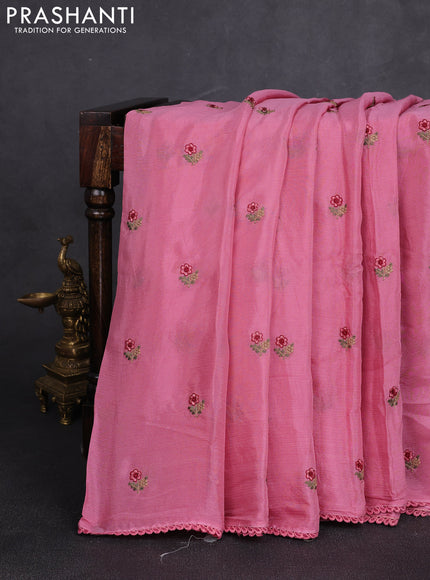 Chiffon saree pink shade with allover floral embroidery buttas and lace work border