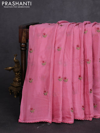 Chiffon saree pink shade with allover floral embroidery buttas and lace work border