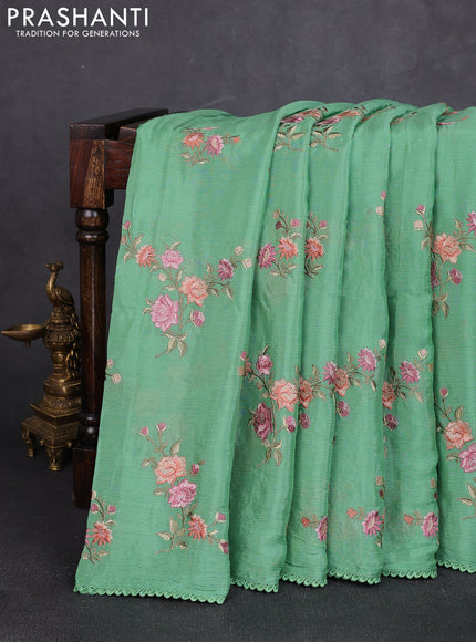 Chiffon saree green shade with allover floral embroidery work and zari woven border