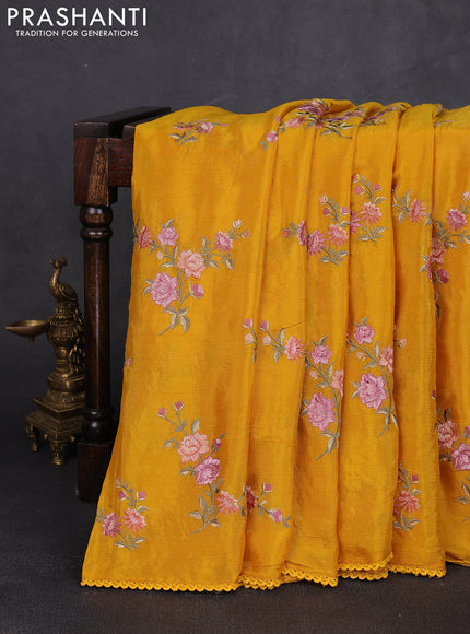 Chiffon saree mustard yellow with allover floral embroidery work and zari woven border