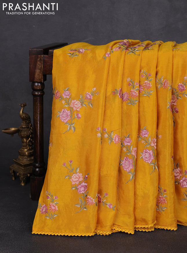 Chiffon saree mustard yellow with allover floral embroidery work and zari woven border