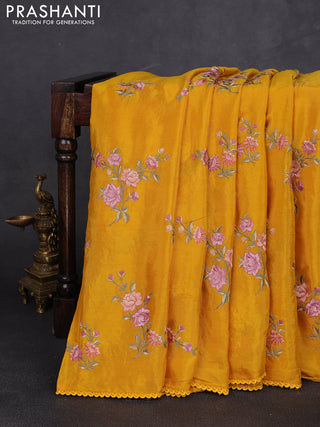 Chiffon saree mustard yellow with allover floral embroidery work and zari woven border