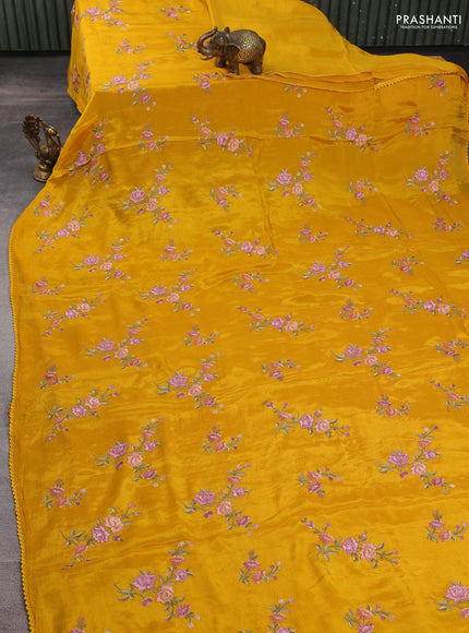 Chiffon saree mustard yellow with allover floral embroidery work and zari woven border
