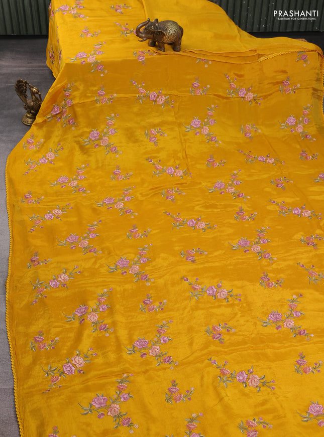 Chiffon saree mustard yellow with allover floral embroidery work and zari woven border