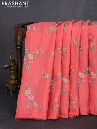 Chiffon saree peach orange with allover floral embroidery work and zari woven border