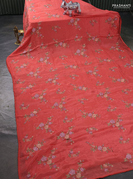 Chiffon saree peach orange with allover floral embroidery work and zari woven border