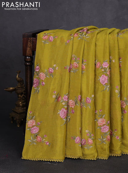 Chiffon saree lime green with allover floral embroidery work and zari woven border