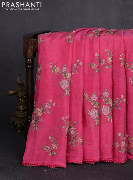 Chiffon saree pink with allover floral embroidery work and zari woven border