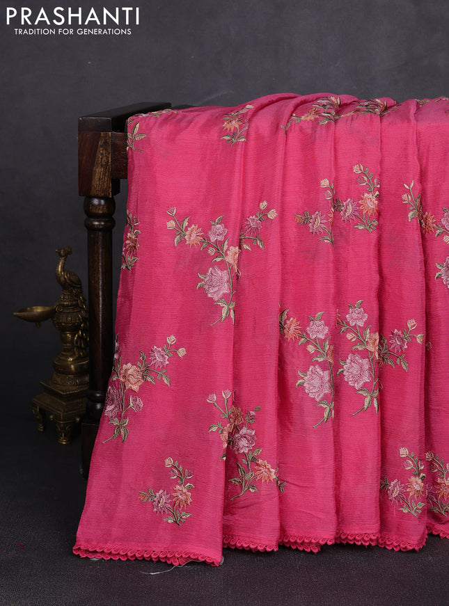 Chiffon saree pink with allover floral embroidery work and zari woven border