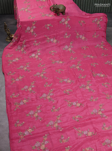Chiffon saree pink with allover floral embroidery work and zari woven border