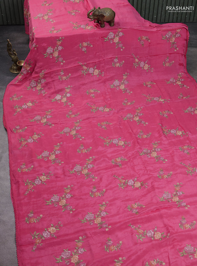 Chiffon saree pink with allover floral embroidery work and zari woven border