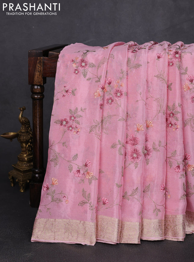 Chiffon saree light pink with allover floral embroidery work and zari woven border