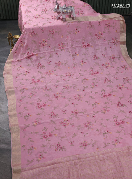 Chiffon saree light pink with allover floral embroidery work and zari woven border
