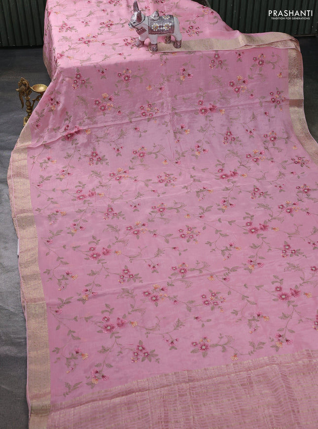 Chiffon saree light pink with allover floral embroidery work and zari woven border