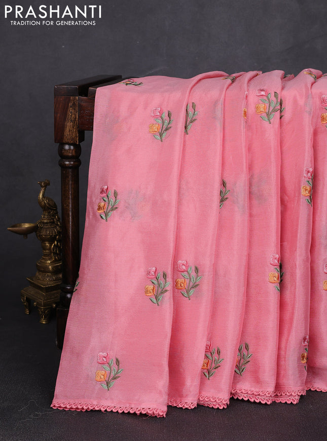 Chiffon saree peach pink with allover floral embroidery work and zari woven border