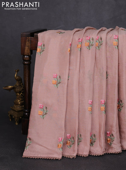 Chiffon saree rosy brown with allover floral embroidery work and zari woven border