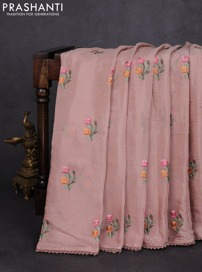 Chiffon saree rosy brown with allover floral embroidery work and zari woven border