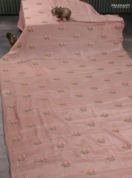 Chiffon saree rosy brown with allover floral embroidery work and zari woven border