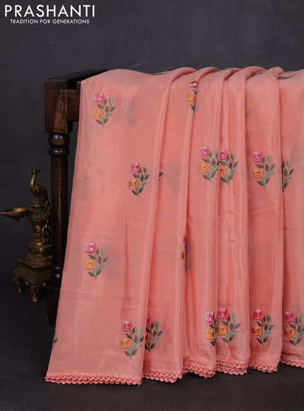 Chiffon saree peach with allover floral embroidery work and zari woven border