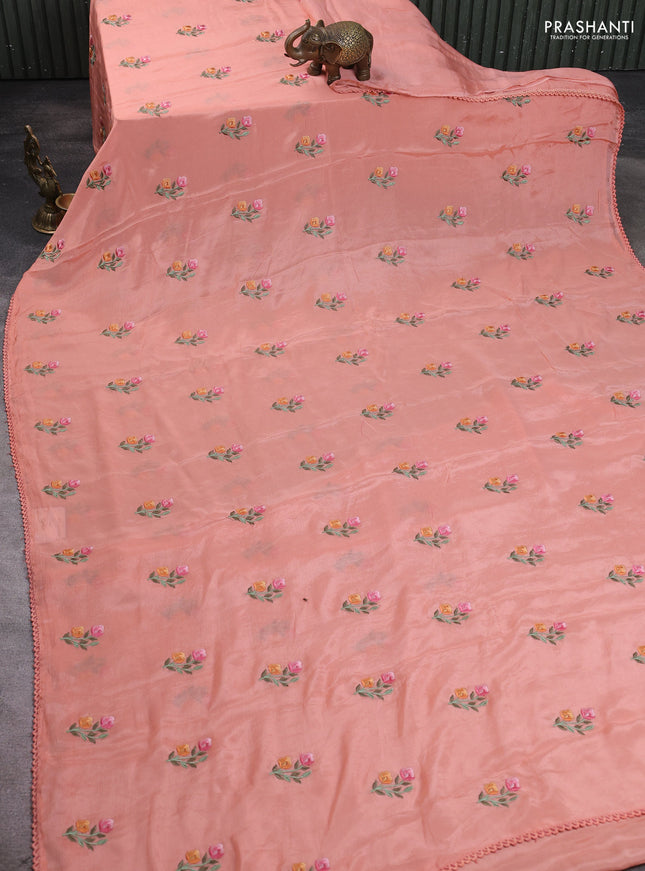 Chiffon saree peach with allover floral embroidery work and zari woven border