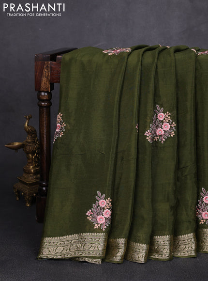 Chiffon saree mehendi green with floral embroidery work and zari woven border