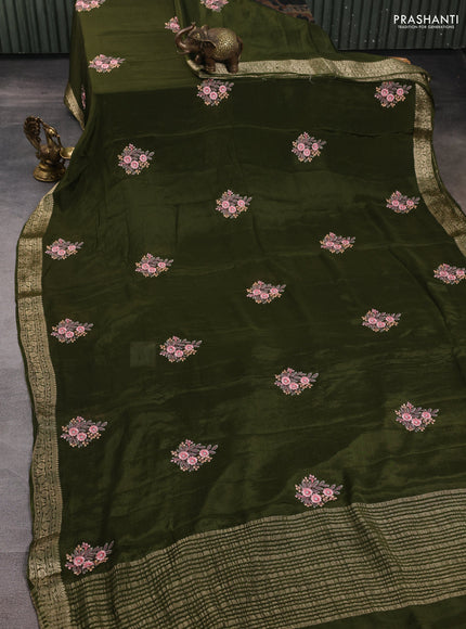 Chiffon saree mehendi green with floral embroidery work and zari woven border