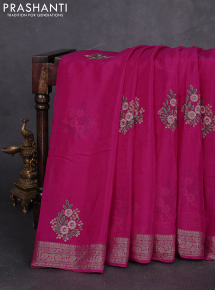 Chiffon saree pink with floral embroidery work and zari woven border