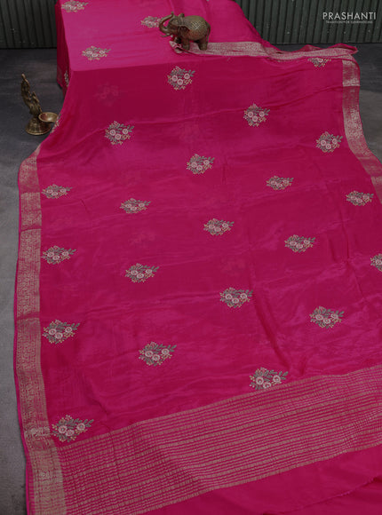 Chiffon saree pink with floral embroidery work and zari woven border