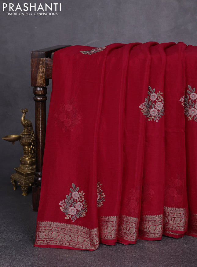 Chiffon saree red with floral embroidery work and zari woven border