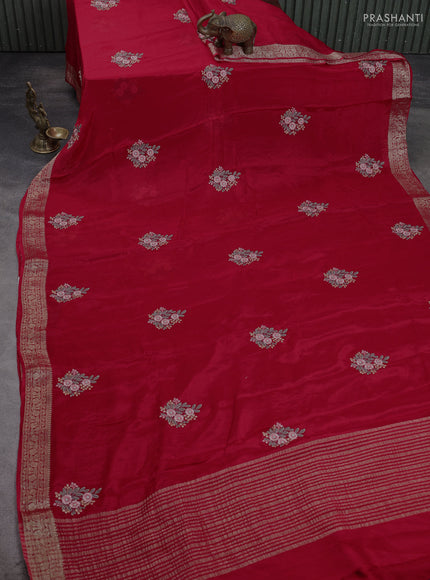 Chiffon saree red with floral embroidery work and zari woven border