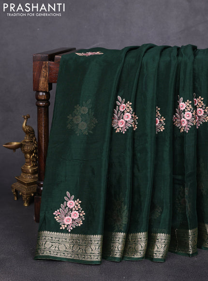 Chiffon saree green with floral embroidery work and zari woven border