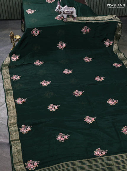 Chiffon saree green with floral embroidery work and zari woven border