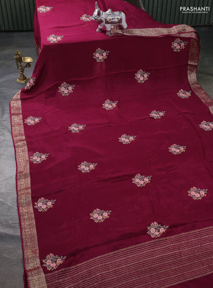 Chiffon saree wine shade with floral embroidery work and zari woven border