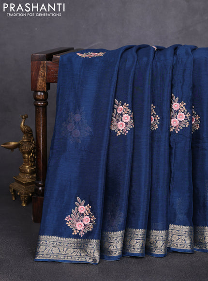 Chiffon saree peacock blue with floral embroidery work and zari woven border