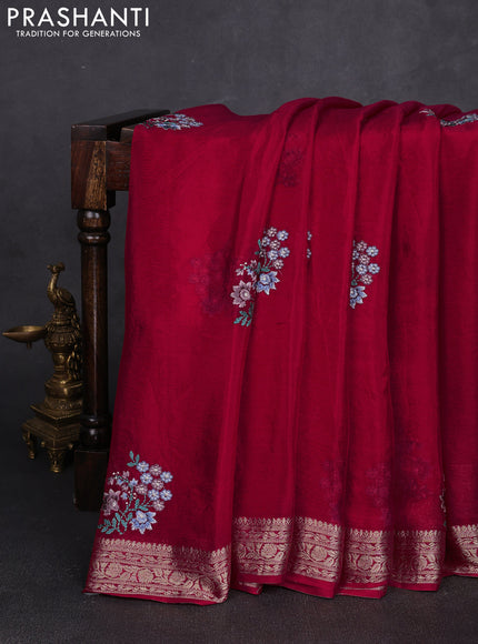 Chiffon saree red with floral embroidery work and zari woven border