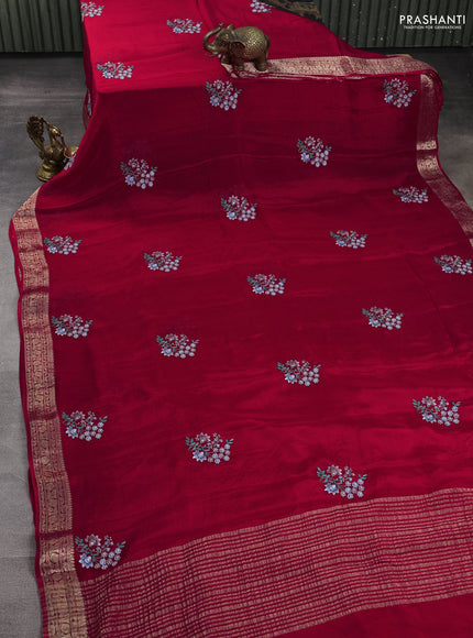 Chiffon saree red with floral embroidery work and zari woven border