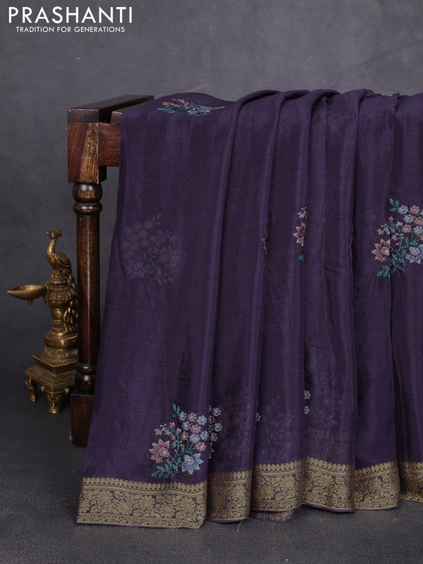 Chiffon saree jamun with floral embroidery work and zari woven border