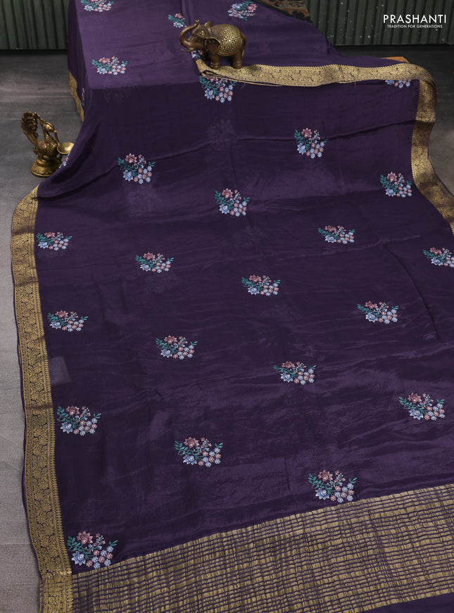 Chiffon saree jamun with floral embroidery work and zari woven border