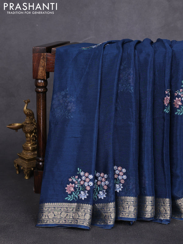 Chiffon saree peacock blue with floral embroidery work and zari woven border