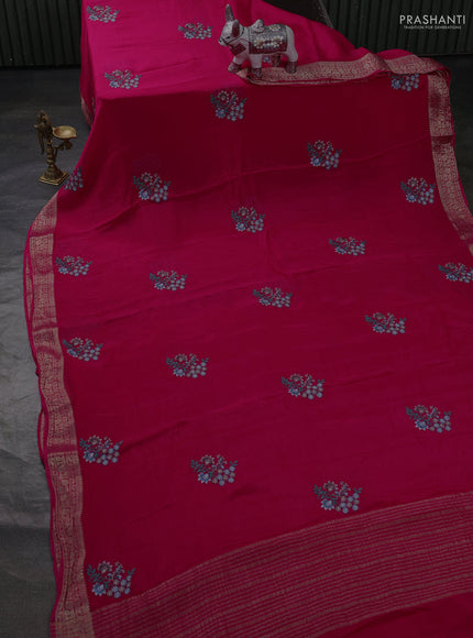 Chiffon saree rani pink with floral embroidery work and zari woven border