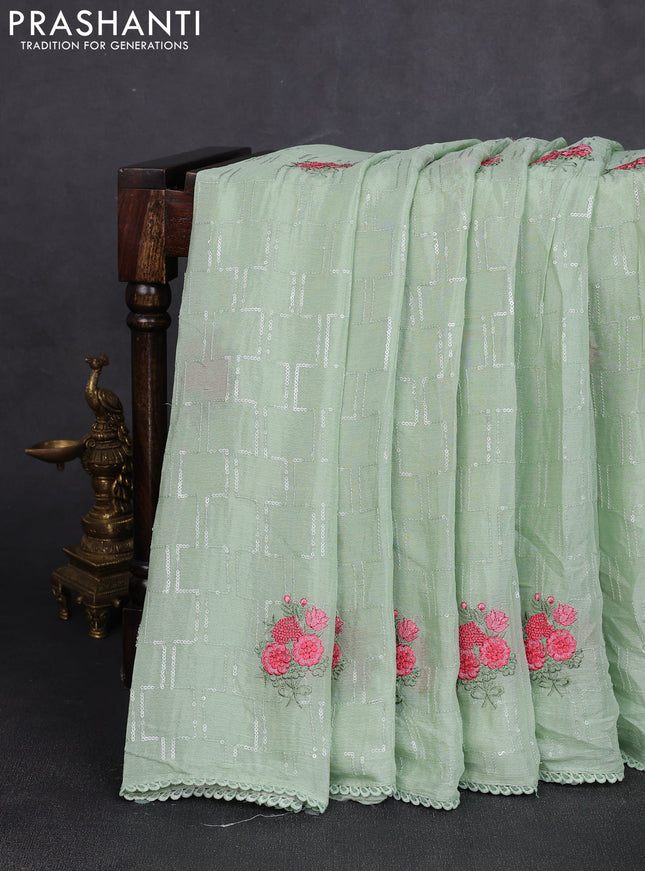 Chiffon saree pastel green with sequin embroidery work and lace work border
