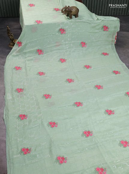 Chiffon saree pastel green with sequin embroidery work and lace work border